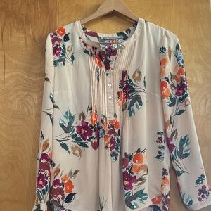 Daniel Rainn Floral Blouse - Cream with Purple and Orange Floral Design